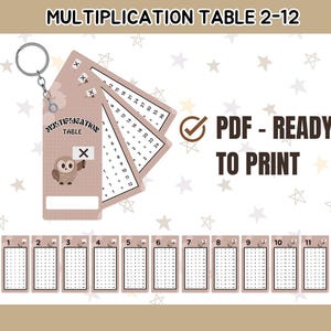 Op de afbeelding: Een set printbare vermenigvuldigingstabelkaarten voor de getallen 2 tot en met 12, met een bruine uilillustratie en de tekst MULTIPLICATION TABLE. De kaarten zitten aan een metalen ring en de set is gemarkeerd als een PDF klaar om te printen.
