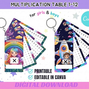 Puede incluir: Dos llaveros de tablas de multiplicar. Uno presenta un arcoíris y una niña sosteniendo una X, el otro un cohete y un astronauta. Ambos tienen tablas de multiplicar 1-12. El texto incluye "Multiplication Table 1-12", "for girls & boys", "Printable" y "Editable in Canva".