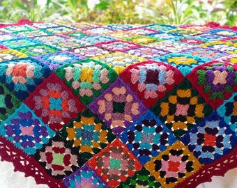 Rainbow Crochet Granny Square Blanket: Boho Couch Throw, Handmade Cotton
