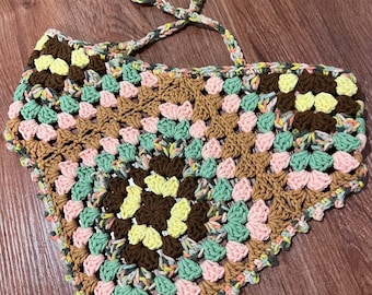 Crochet Granny Square Bandana: Boho Hair Scarf - Handmade Vintage Style