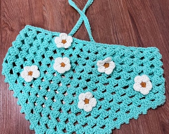 Crochet Daisy Bandana: Mint Boho Hair Scarf - Handmade