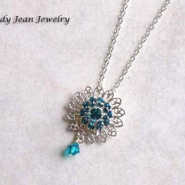 Crystal and Filigree Pendant Necklace, Filigree Necklace, Swarovski Necklace, BLUE LAGOON