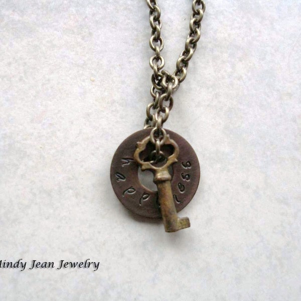 Stamped Metal Washer Pendant Necklace, Stamped Washer Necklace, Brass Washer Necklace, Vintage Washer Necklace, KEY TO HAPPINESS