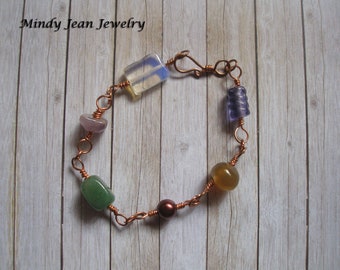 Wire Wrapped Bead Link Bracelet, Gemstone & Glass Bracelet, "Confetti II"