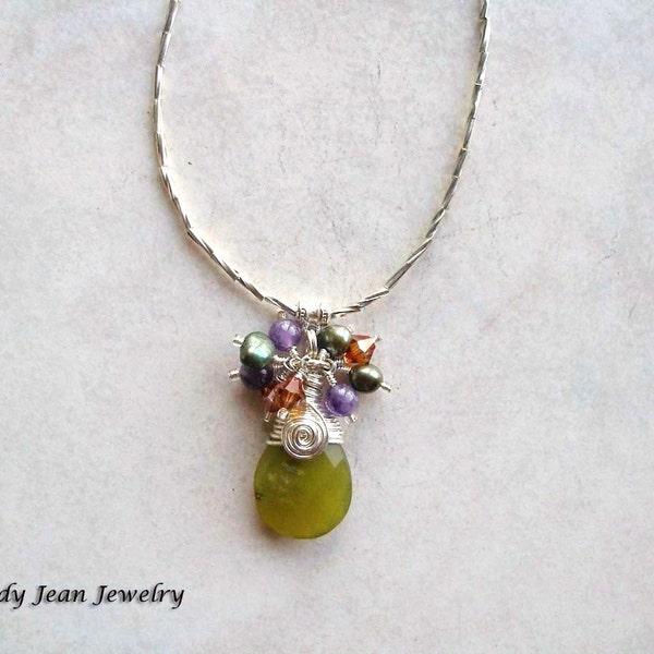 Gemstone Pendant Necklace, Autumn Colors Necklace, Wire Wrapped Bead Necklace, HARVEST