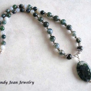 Gemstone Pendant Necklace, Statement Necklace, Green Stone Necklace, Moss Agate Necklace, &quot;North Side&quot;, FREE SHIPPING