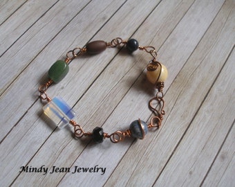 Wire Wrapped Bead Link Bracelet, Gemstone, Glass, "Confetti"