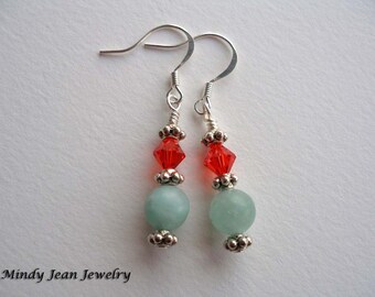 Dangle Earrings, Gemstone and Crystal Earrings, Orange, Aqua, TROPICAL