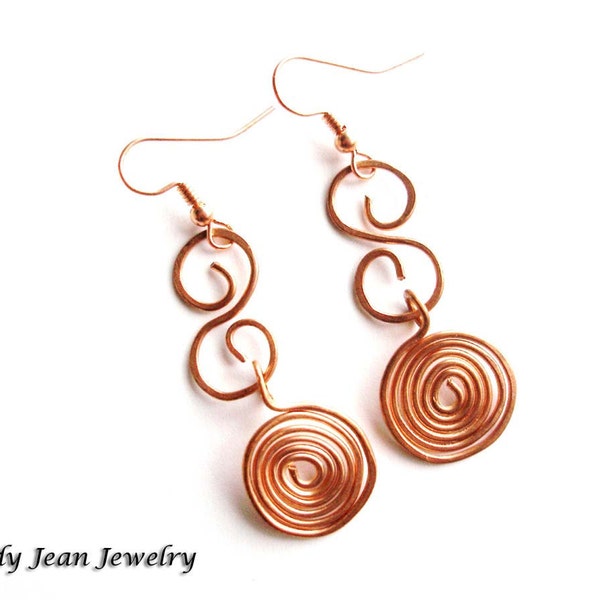 Copper Spiral Earrings, Hammered Copper Earrings,Copper Dangle Earrings, Copper Earrings, Artisan Earrings