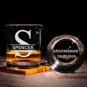 Personalized Groomsmen Gift Idea: Engraved Old Fashion Whiskey Glasses Personalized Crystal Whiskey Glasses Engraved Side and Bottom