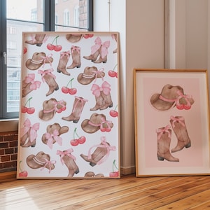 Coquette Pink Coastal Cowgirl Wall Art, Balletcore Dorm, College Apartment Decor, Watercolor Bows, Preppy Prints, Blush Pink, Girly Western