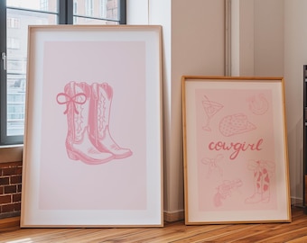 Conjunto de carteles de coqueta rosa vaquera, cartel de arcos de moda, arte de pared preppy rosa, decoración de dormitorio para adolescentes, decoración de habitación coqueta, arte de vaquera costera