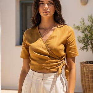 Wrap Crop Top,  Linen Wrap Top, Linen Wrap Shirt , Summer  Linen Top, Women Wrap Top , Linen Crop Top, Vintage Wrap Top