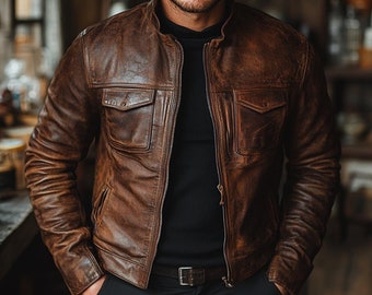 Men&#39;s Brown Distressed Sheepskin Leather Cafe Racer Motorcycle Jacket