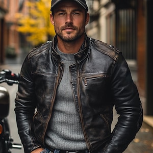 Blouson de moto en cuir pour homme fait main en cuir de mouton noir effet vieilli