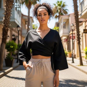 Linen Wrap Crop Top: Softened V-Neck Blouse with Bell Sleeves