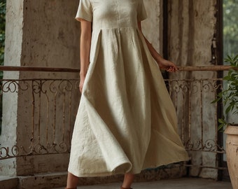 Boho Leinen Maxikleid: Damen Retro A-Line Casual Robe