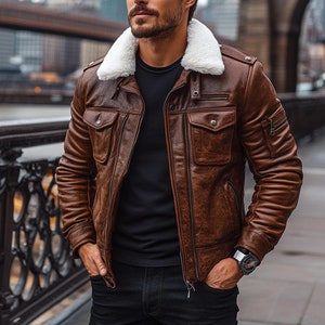 Blouson en cuir pour homme en fourrure faite main en peau de mouton retournée marron effet vieilli