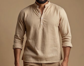 Leinen-Baumwoll-Hemd: Gestreiftes Retro-Henley-Top für Männer