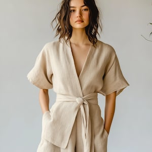 Linen Wrap Maxi Dress: V-Neck Tie-Up Belt, Summer Beach Dress