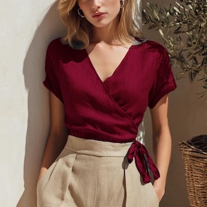 Leinen Wrap Crop Top: Erweichte V-Ausschnitt Bluse mit Glocken Ärmeln