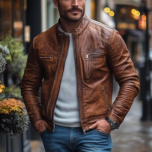 Blouson cuir homme motard fait main en peau de mouton moto marron Blouson cuir véritable