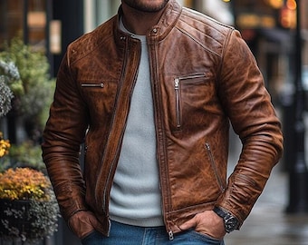 Handmade Sheepskin Brown Leather Motorcycle Jacket