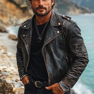 Blouson de moto en cuir homme fait main noir effet vieilli motard Cafe Racer en peau de mouton Blouson en cuir de mouton