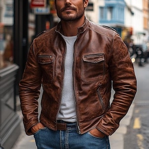 Blouson de moto en cuir de mouton pour homme marron fait main en peau de mouton effet vieilli