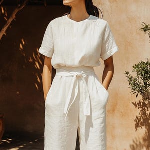 Boho Cotton Linen Outfit: Women&#39;s Top and Pants Set