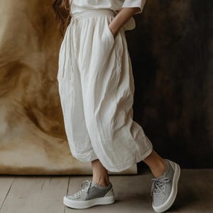 White Linen Wide-Leg Pants: Boho Elastic Waist Trousers