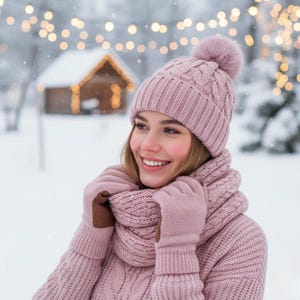 Cable Knit Winter Set: Alpaca Beanie, Infinity Scarf & Gloves Pink