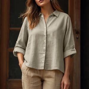 Women&#39;s Linen Cotton Blend Shirt: Long Sleeve Tunic Top