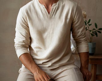 Männer Leinen Henley Shirt: Lässiges Streifen Baumwoll Top