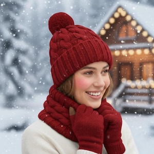 Cable Knit Winter Set: Alpaca Beanie, Infinity Scarf & Gloves Red