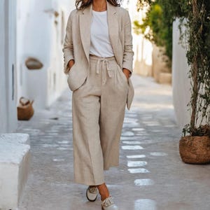 Conjunto de blazer de lino y pantalón ancho: conjunto de corte relajado