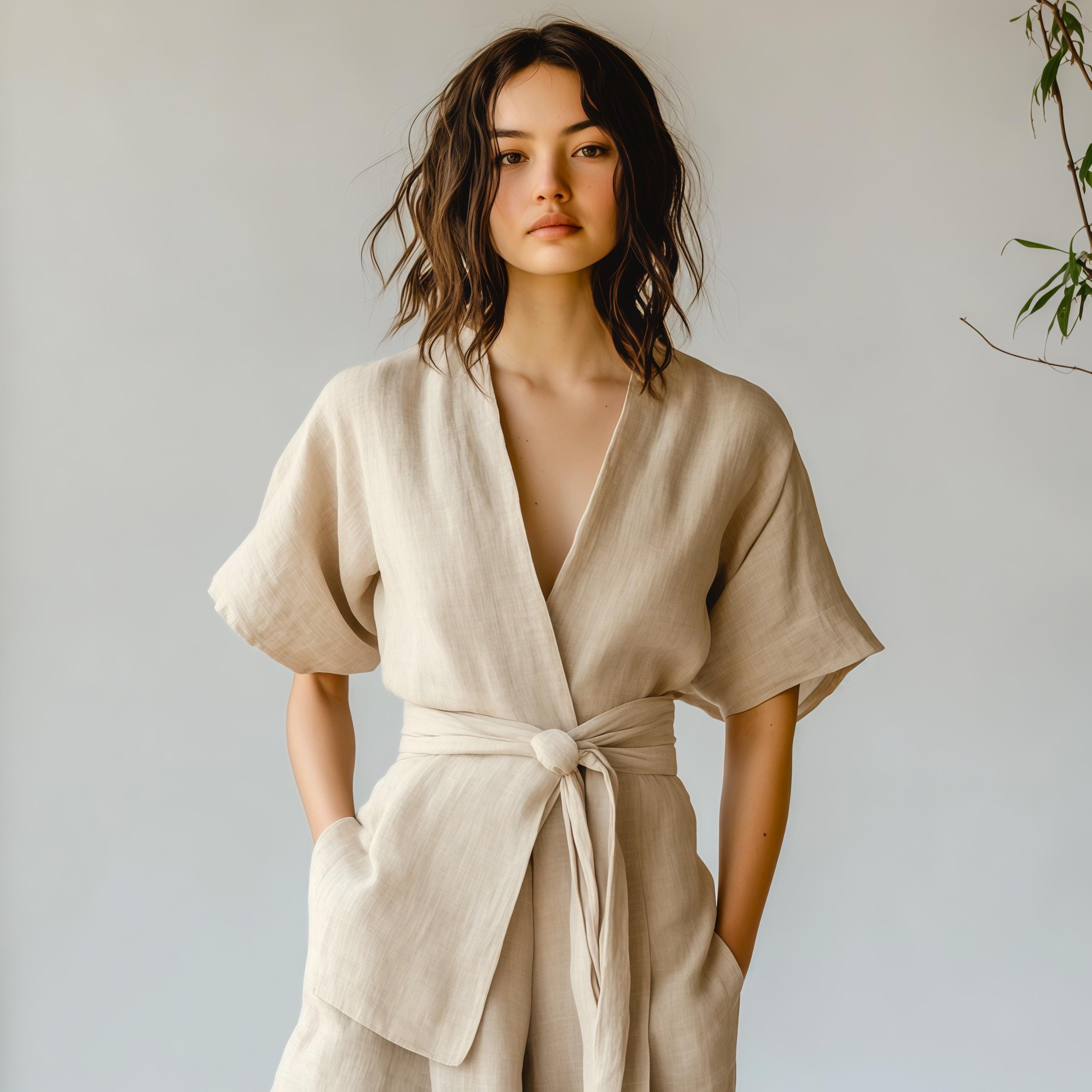 Leinen Wickelkleid Maxikleid : V-Ausschnitt Gürtel zum Binden, Sommer-Strandkleid