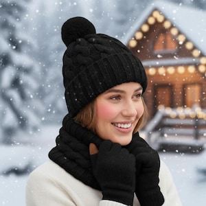 Cable Knit Winter Set: Alpaca Beanie, Infinity Scarf & Gloves Black
