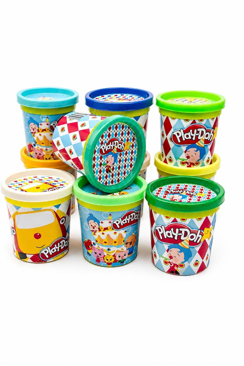 May include: A collection of Play-Doh containers with colorful lids and decorative patterns. The containers feature cartoon characters and the Play-Doh logo. The lids are blue, green, and yellow. The containers are cylindrical.