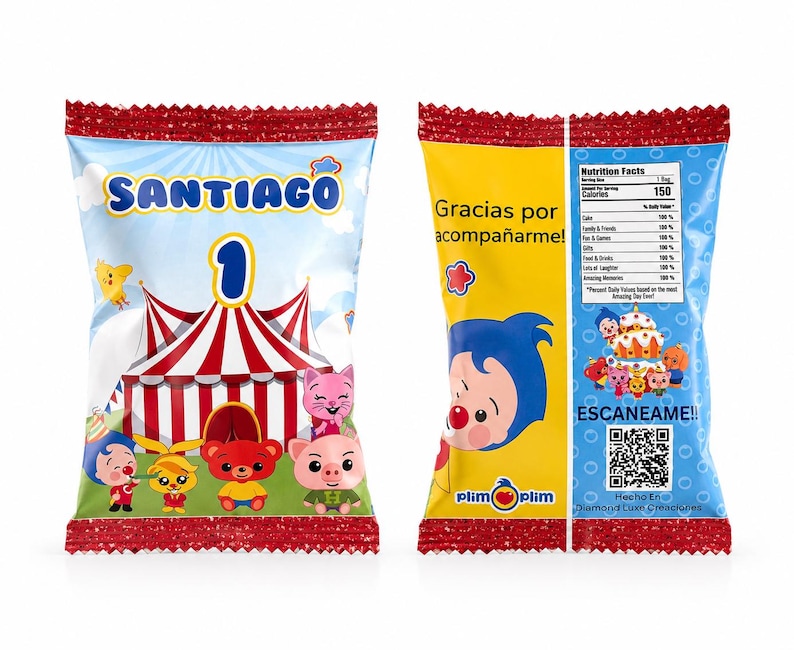 Peut inclure: Un sachet de collation color&eacute; avec des personnages de dessins anim&eacute;s et le nom "SANTIAGO" avec le chiffre "1". Le sachet pr&eacute;sente un motif de chapiteau de cirque et le texte "ESCANEAME!!". Le sachet est rouge, blanc, bleu, jaune et vert.