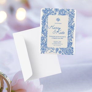Faire-part de mariage floral bleu parfait pour un mariage estival à Bridgerton