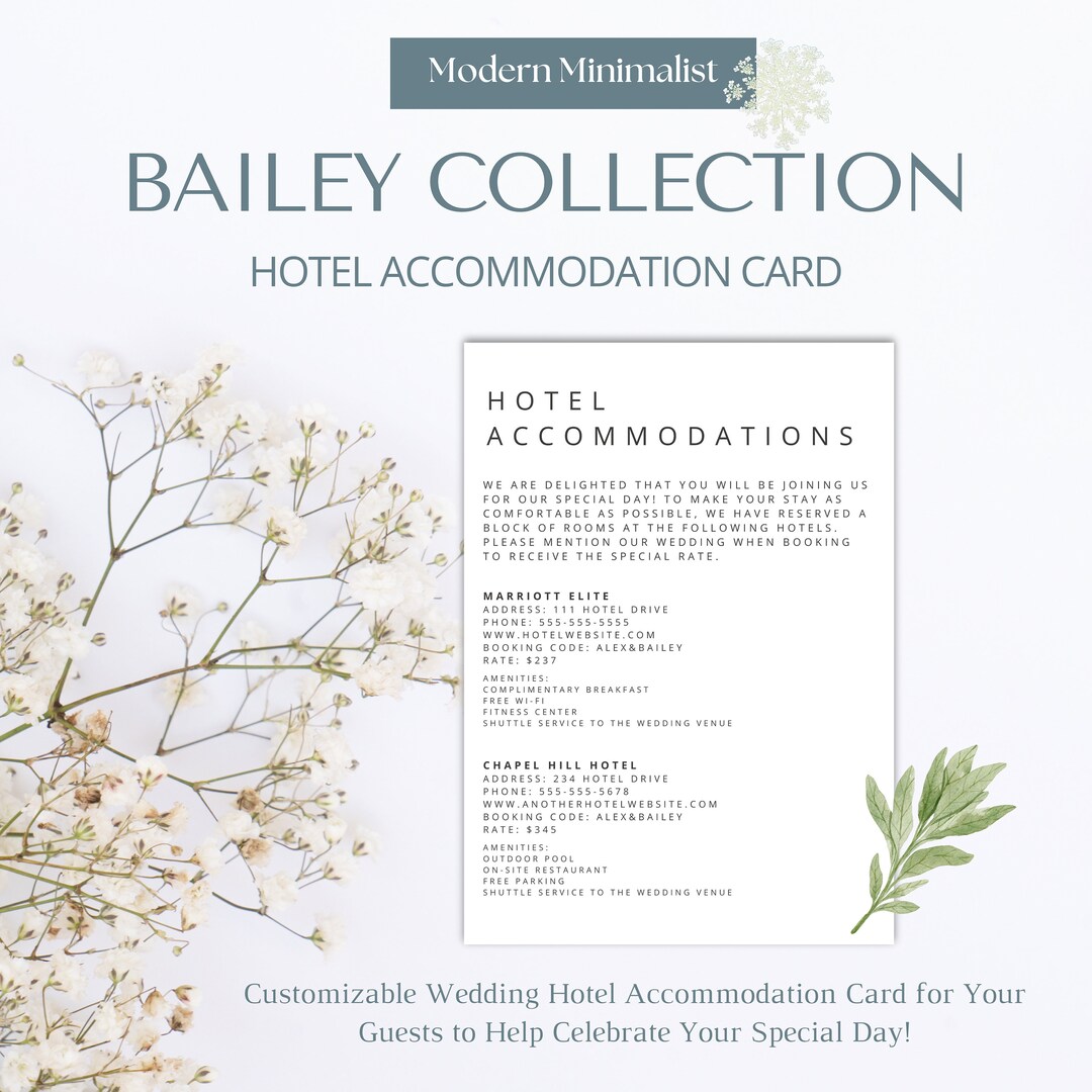 Wedding Hotel Accommodation Card Template, Bailey Collection, Modern ...