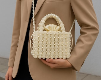 Pearl beaded purse /Vintage Style/ Crossbody handbag with Drawstring Pouch/ Bridal/Party or Evening Bag.