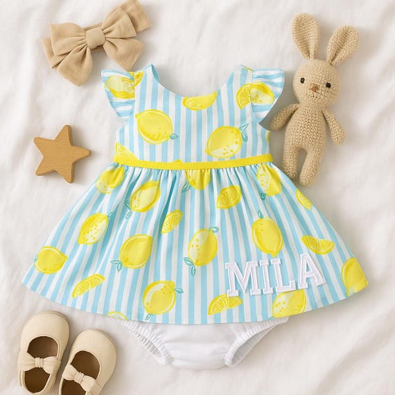 Personalized Lemon Baby Dress with Bloomers: Embroidered Cotton Summer Outfit