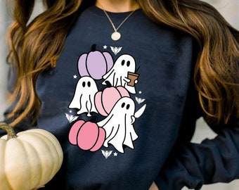 Sudadera de fantasma de Halloween, linda camiseta de fantasma, camiseta de Halloween para mujer, linda camiseta de otoño, camiseta de temporada espeluznante, regalo para Halloween, suéter de fantasma