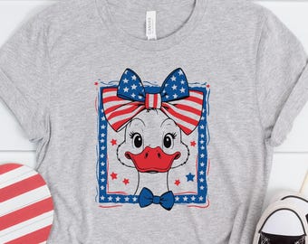 Niedliches Vatertöpfisches Enten-Shirt, 4. Juli Kokette Bogen Enten-T-Stück, USA Stern-Mädchen-Hemd, Rot-Weiß-Blaues Tier-T-Shirt, lustiges Unabhängigkeitstag-T-Stück