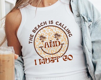 The Beach Is Calling Top, Leopard Print Beach Graphic Tee, Summer Coastal Vibes Shirt, Cute Palm Tree T-Shirt, Vacation Shirt for Women