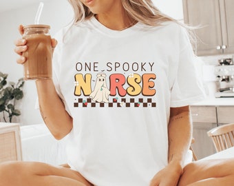 Camiseta de enfermeira assustadora, moletom de enfermeira de Halloween, presentes de enfermeira de Halloween, combinação de enfermeira de Halloween, camiseta de enfermeira de Halloween, camiseta de enfermeira fofa