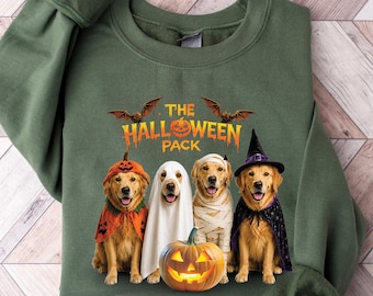 Golden Retriever Halloween Pack Sweatshirt, Goldens Kürbis Geist Mutter Hexe T-Shirt, Hundemutter Halloween Geschenk, Golden Squad Tee