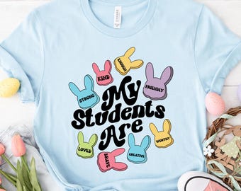 Camiseta de Pascua para maestros, camiseta de Pascua para maestros, camiseta "Mis alumnos son mis amigos", camiseta de primavera para enseñar conejitos de Pascua, camiseta de conejitos de enseñanza con lazo coqueto